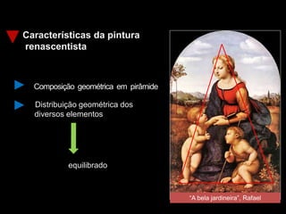 Características da pintura
renascentista
“A bela jardineira”, Rafael
Distribuição geométrica dos
diversos elementos
Conjunto equilibrado
 