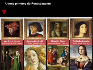 Alguns pintores do Renascimento
Van Eyck, Países
Baixos (1390/95-1441)
Sandro Botticelli,
Itália, (1445-1510)
Albrecht Dürer
Alemanha (1471-1528)
Raffaello Sanzio,
Itália, (1483-1520)
 