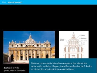 9/16
Elementos da arquitetura renascentistaBasílica de S. Pedro
(Roma, finais do século XVI)
Observa com especial atenção o esquema dos elementos
deste estilo artístico. Depois, identifica na Basílica de S. Pedro
os elementos arquitetónicos renascentistas.
RENASCIMENTO
 