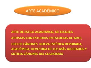 ARTE ACADÉMICO
ARTE DE ESTILO ACADEMICO, DE ESCUELA .
ARTISTAS CON ESTUDIOS EN ESCUELAS DE ARTE,
USO DE CÁNONES NUEVA ESTÉTICA DEPURADA,
ACADÉMICA, REVESTIDA DE LOS MÁS AJUSTADOS Y
SUTILES CÁNONES DEL CLASICISMO.
 