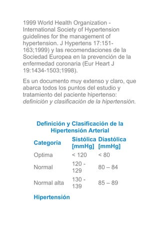 1999 World Health Organization -
International Society of Hypertension
guidelines for the management of
hypertension. J Hypertens 17:151-
163;1999) y las recomendaciones de la
Sociedad Europea en la prevención de la
enfermedad coronaria (Eur Heart J
19:1434-1503;1998).
Es un documento muy extenso y claro, que
abarca todos los puntos del estudio y
tratamiento del paciente hipertenso:
definición y clasificación de la hipertensión.
Definición y Clasificación de la
Hipertensión Arterial
Categoría
Sistólica
[mmHg]
Diastólica
[mmHg]
Optima < 120 < 80
Normal
120 -
129
80 – 84
Normal alta
130 -
139
85 – 89
Hipertensión
 