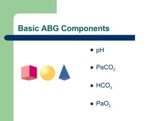 Basic ABG Components pH PaCO 2 HCO 3 PaO 2 