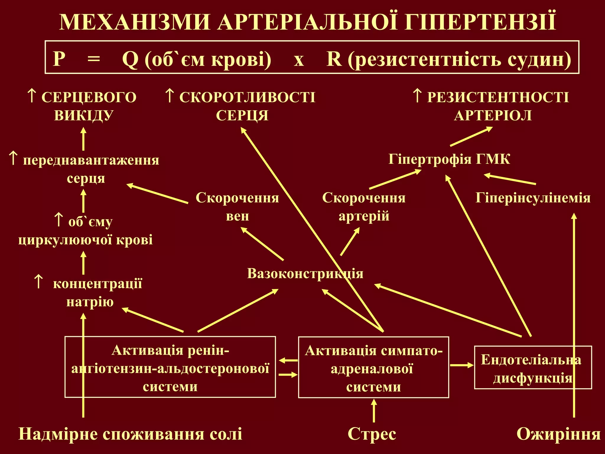 МЕХАНІЗМИ АРТЕРІАЛЬНОЇ ГІПЕРТЕНЗІЇ
Р = Q (об`єм крові) x R (резистентність судин)
Стрес ОжирінняНадмірне споживання солі
Активація ренін-
ангіотензин-альдостеронової
системи
Активація симпато-
адреналової
системи
↑ концентрації
натрію
↑ об`єму
циркулюючої крові
↑ переднавантаження
серця
↑ СЕРЦЕВОГО
ВИКІДУ
Скорочення
вен
Скорочення
артерій
↑ СКОРОТЛИВОСТІ
СЕРЦЯ
↑ РЕЗИСТЕНТНОСТІ
АРТЕРІОЛ
Гіпертрофія ГМК
Гіперінсулінемія
Ендотеліальна
дисфункція
Вазоконстрикція
 