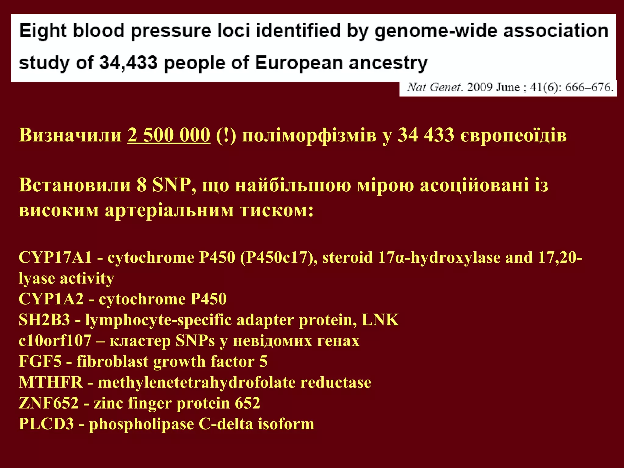 Визначили 2 500 000 (!) поліморфізмів у 34 433 європеоїдів
Встановили 8 SNP, що найбільшою мірою асоційовані із
високим артеріальним тиском:
CYP17A1 - cytochrome P450 (P450c17), steroid 17α-hydroxylase and 17,20-
lyase activity
CYP1A2 - cytochrome P450
SH2B3 - lymphocyte-specific adapter protein, LNK
c10orf107 – кластер SNPs у невідомих генах
FGF5 - fibroblast growth factor 5
MTHFR - methylenetetrahydrofolate reductase
ZNF652 - zinc finger protein 652
PLCD3 - phospholipase C-delta isoform
 