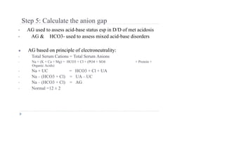 Step 5: Calculate the anion gap
• AG used to assess acid-base status esp in D/D of met acidosis
• AG & HCO3- used to assess mixed acid-base disorders
● AG based on principle of electroneutrality:
• Total Serum Cations = Total Serum Anions
• Na + (K + Ca + Mg) = HCO3 + Cl + (PO4 + SO4 + Protein +
Organic Acids)
• Na + UC = HCO3 + Cl + UA
• Na – (HCO3 + Cl) = UA – UC
• Na – (HCO3 + Cl) = AG
• Normal =12 ± 2
 
