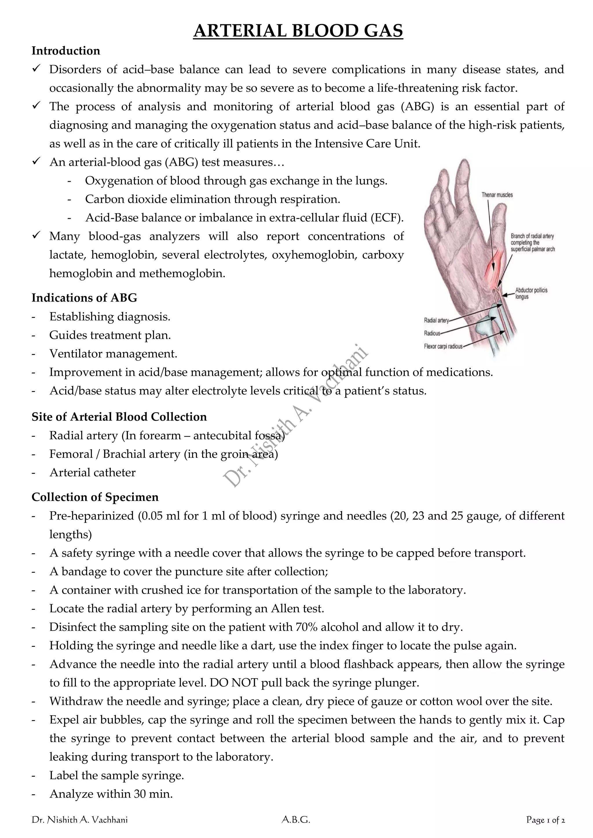 Arterial Blood Gas Analysis | PDF
