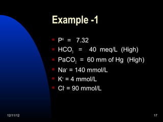 Example -1
              PH = 7.32
              HCO3 = 40 meq/L (High)
              PaCO2 = 60 mm of Hg (High)
              Na+ = 140 mmol/L
              K+ = 4 mmol/L
              Cl- = 90 mmol/L



12/11/12                                    17
 