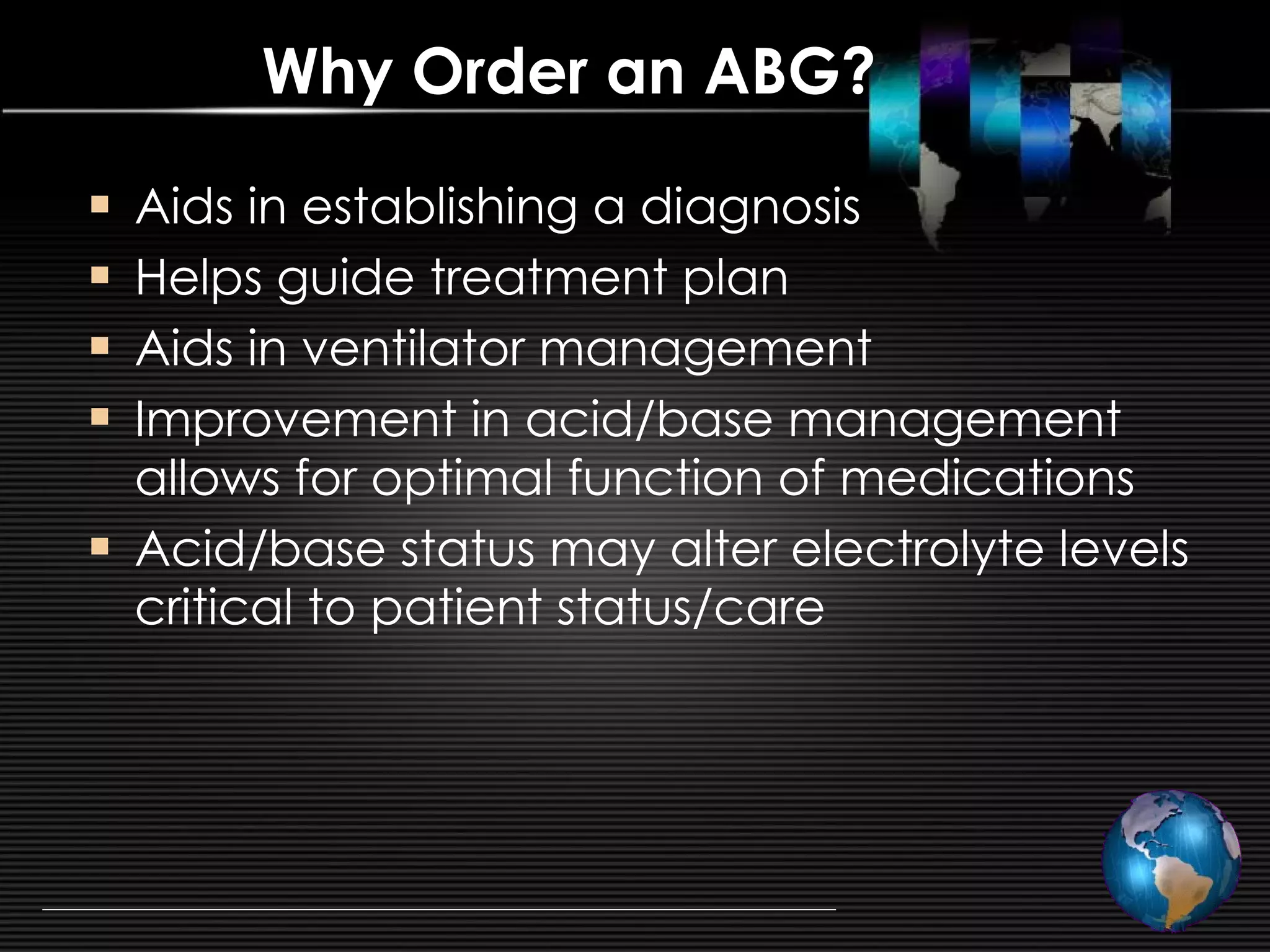 Arterial blood gas analysis assesment of oxygenation ventilation and ...