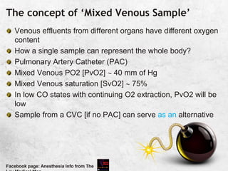 The concept of ‘Mixed Venous Sample’
Venous effluents from different organs have different oxygen
content
How a single sample can represent the whole body?
Pulmonary Artery Catheter (PAC)
Mixed Venous PO2 [PvO2]  40 mm of Hg
Mixed Venous saturation [SvO2]  75%
In low CO states with continuing O2 extraction, PvO2 will be
low
Sample from a CVC [if no PAC] can serve as an alternative
Facebook page: Anesthesia Info from The
 