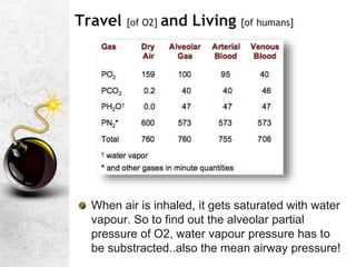 Travel [of O2] and Living [of humans]
When air is inhaled, it gets saturated with water
vapour. So to find out the alveolar partial
pressure of O2, water vapour pressure has to
be substracted..also the mean airway pressure!
 