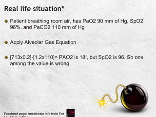 Real life situation*
Patient breathing room air, has PaO2 90 mm of Hg, SpO2
96%, and PaCO2 110 mm of Hg
Apply Alveolar Gas Equation
[713x0.2]-[1.2x110]= PAO2 is 18!, but SpO2 is 96. So one
among the value is wrong.
Facebook page: Anesthesia Info from The
 