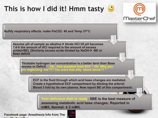 This is how I did it! Hmm tasty
Nullify respiratory effects: make PaCO2: 40 and Temp 370 C
Assume pH of sample as alkaline titrate HCl till pH becomes
7.4 the amount of HCl required is the amount of excess
acids[=BE]. [Similarly excess acids titrated by NaOH -BE or
Base deficit
Titratable hydrogen ion concentration is a better term than Base
excess or Deficit. Ok.. One question from ECF “ Oh. Why you
are neglecting me??? You want that silly blood alone?? “
Facebook page: Anesthesia Info from The
ECF is the fluid through which acid base changes are mediated.
Create a hypothetical ECF compartment by diluting the arterial
Blood 3 fold by its own plasma. Now report BE of this compartment:
Your delicious dish is ready: SBE is the best measure of
assessing metabolic acid base changes; Reported in
mM/L Normal: ± 2 mM/L
 