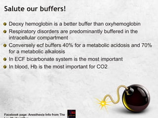 Salute our buffers!
Deoxy hemoglobin is a better buffer than oxyhemoglobin
Respiratory disorders are predominantly buffered in the
intracellular compartment
Conversely ecf buffers 40% for a metabolic acidosis and 70%
for a metabolic alkalosis
In ECF bicarbonate system is the most important
In blood, Hb is the most important for CO2
Facebook page: Anesthesia Info from The
 
