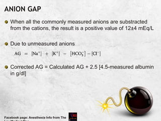 ANION GAP
When all the commonly measured anions are substracted
from the cations, the result is a positive value of 12±4 mEq/L
Due to unmeasured anions
Corrected AG = Calculated AG + 2.5 [4.5-measured albumin
in g/dl]
Facebook page: Anesthesia Info from The
 