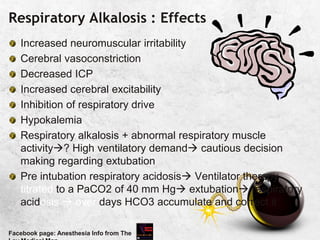 Respiratory Alkalosis : Effects
Increased neuromuscular irritability
Cerebral vasoconstriction
Decreased ICP
Increased cerebral excitability
Inhibition of respiratory drive
Hypokalemia
Respiratory alkalosis + abnormal respiratory muscle
activity? High ventilatory demand cautious decision
making regarding extubation
Pre intubation respiratory acidosis Ventilator therapy
titrated to a PaCO2 of 40 mm Hg extubation respiratory
acidosis  over days HCO3 accumulate and correct it
Facebook page: Anesthesia Info from The
 