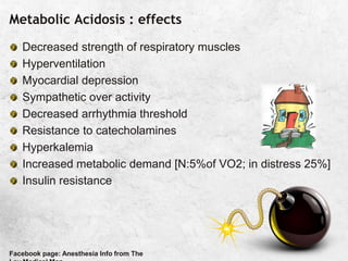 Metabolic Acidosis : effects
Decreased strength of respiratory muscles
Hyperventilation
Myocardial depression
Sympathetic over activity
Decreased arrhythmia threshold
Resistance to catecholamines
Hyperkalemia
Increased metabolic demand [N:5%of VO2; in distress 25%]
Insulin resistance
Facebook page: Anesthesia Info from The
 