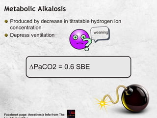 Metabolic Alkalosis
Produced by decrease in titratable hydrogen ion
concentration
Depress ventilation
Facebook page: Anesthesia Info from The
PaCO2 = 0.6 SBE
weaning
 