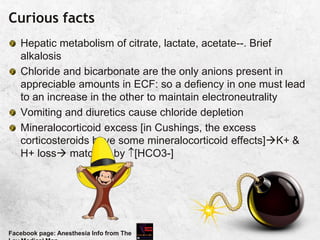Curious facts
Hepatic metabolism of citrate, lactate, acetate--. Brief
alkalosis
Chloride and bicarbonate are the only anions present in
appreciable amounts in ECF: so a defiency in one must lead
to an increase in the other to maintain electroneutrality
Vomiting and diuretics cause chloride depletion
Mineralocorticoid excess [in Cushings, the excess
corticosteroids have some mineralocorticoid effects]K+ &
H+ loss matched by [HCO3-]
Facebook page: Anesthesia Info from The
 