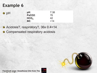 Example 6
pH
Acidosis?, respiratory?, 36x 0.4=14
Compensated respiratory acidosis
Facebook page: Anesthesia Info from The
pH:
PaCO2:
HCO3:
BE:
7.38
76
42
+14
 