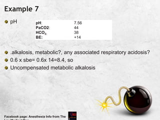 Example 7
pH
.alkalosis, metabolic?, any associated respiratory acidosis?
0.6 x sbe= 0.6x 14=8.4, so
Uncompensated metabolic alkalosis
Facebook page: Anesthesia Info from The
pH:
PaCO2:
HCO3:
BE:
7.56
44
38
+14
 