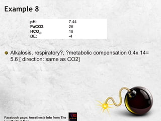 Example 8
Alkalosis, respiratory?, ?metabolic compensation 0.4x 14=
5.6 [ direction: same as CO2]
Facebook page: Anesthesia Info from The
pH:
PaCO2:
HCO3:
BE:
7.44
26
18
-4
 