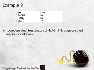 Example 9
compensated ?respiratory ,0.4x16= 6.4, compensated
respiratory alkalosis
Facebook page: Anesthesia Info from The
pH:
PaCO2:
HCO3:
BE:
7.40
56
34
+7
 