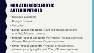 NON ATHEROSCLEROTIC
ARTERIOPATHIES
• Raynaud Syndrome
• Buerger Disease
• Vasculitis-
• Large-Vessel Vasculitis-Giant cell arteritis (temporal
arteritis), Takayasu disease.
• Medium-Vessel Vasculitis-Polyarterits nodosa, Kawasaki
disease. Behçet disease, Cogan syndrome.
• Small-Vessel Vasculitis-Wegener granulomatosis,
microscopic polyangiitis, and Churg-Strauss syndrome
 