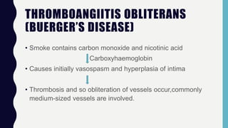 THROMBOANGIITIS OBLITERANS
(BUERGER’S DISEASE)
• Smoke contains carbon monoxide and nicotinic acid
Carboxyhaemoglobin
• Causes initially vasospasm and hyperplasia of intima
• Thrombosis and so obliteration of vessels occur,commonly
medium-sized vessels are involved.
 