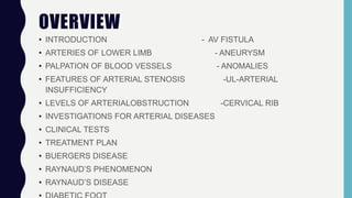 OVERVIEW
• INTRODUCTION - AV FISTULA
• ARTERIES OF LOWER LIMB - ANEURYSM
• PALPATION OF BLOOD VESSELS - ANOMALIES
• FEATURES OF ARTERIAL STENOSIS -UL-ARTERIAL
INSUFFICIENCY
• LEVELS OF ARTERIALOBSTRUCTION -CERVICAL RIB
• INVESTIGATIONS FOR ARTERIAL DISEASES
• CLINICAL TESTS
• TREATMENT PLAN
• BUERGERS DISEASE
• RAYNAUD’S PHENOMENON
• RAYNAUD’S DISEASE
 