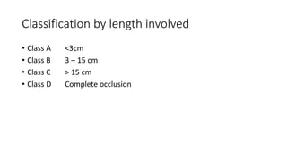 Classification by length involved
• Class A <3cm
• Class B 3 – 15 cm
• Class C > 15 cm
• Class D Complete occlusion
 