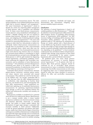 Seminar
www.thelancet.com Published online May 18, 2021 https://doi.org/10.1016/S0140-6736(21)00221-X	 3
simplification of the measurement process. The wide­
spread availability of non-validated blood pressure devices
might lead to incorrect diagnosis41
and management.42
The Lancet Commission on hypertension43,44
aimed to
identify key actions for improving global management
of blood pressure, both at population and individual
levels. To obtain correct blood pressure measurements,
trained observers using standardised methodologies are
needed.45–47
Multiple readings over time are required to
estimate blood pressure, allowing for regression to the
mean, and mitigating risk of obtaining elevated readings
secondary to white-coat hypertension.43,48
The most used
methods for measuring blood pressure in a clinical care
setting are either direct (ie, intra-arterial) or indirect (ie,
cuff-based). Indirect blood pressure measurements are
typically done via auscultation or with a semi-automated
or fully automated device, which most often uses the
oscillometric technique. Use of automated measurements
might avoid observer bias; however, there are situations
(eg, increased arterial stiffness or arrhythmias) in which
use of automated devices can lead to error. Although office
blood pressure is still the gold standard for diagnosing
arterial hypertension, contemporary guidelines recom­
mend confirming the diagnosis with out-of-office mea­
surements, such as ambulatory or home blood pressure
monitoring.48–51
24 h ambulatory and home blood pres­
sure
monitoring were shown to be superior to office mea­
surements for prediction of cardiovascular events and are
ideal for follow-up monitoring in the long term.48–50
Unattended blood pressure measurements eliminate
patient–observer interaction, minimise patient anxiety,
and reduce observer error associated with manual
measurement.52
This method was used for the first time
in the SPRINT trial.53
On average, unattended SBP is
10 mm Hg lower than the office sphygmomanometer
or oscillometric value (depending on baseline blood
pressure), and should not be used interchangeably with
other office measurements.54
Large randomised con­
trolled trials exploring use of unattended blood pressure
measurements for predicting hypertension-mediated
organ damage, as well as the correlation between this
method and cardiovascular morbidity and mortality, are
still needed.
Blood pressure variability is considered to be a potential
novel risk factor for cardiovascular disease. Blood pres­
sure
is not a constant variable; rather, it shows marked
spontaneous oscillations over short-term (minutes to days)
and long-term (day-to-day, visit-to-visit, or seasonal)
periods, and studies in animal models indicate that
development of target organ damage is associated with
increased variability in blood pressure.55
Additionally,
in both the general population and patients with hyper­
tension, studies have shown that the degree of short-term
andlong-termvariabilityinbloodpressureisindependently
associated with target organ damage and an increased rate
of cardiovascular events.56,57
However, many aspects related
to blood pressure variability need to be clarified, including
consensus on definitions, thresholds and targets, and
demonstration that interventions mitigating blood
pressure variability improve outcomes.
Classification
The definition of arterial hypertension is based in all
available guidelines on office blood pressure.48–50
Although
the definition of arterial hypertension differs between the
2018 European Society of Cardiology (ESC)–European
Society of Hypertension (ESH) guidelines,48
the 2017
American College of Cardiology (ACC)–American Heart
Association (AHA) guidelines,49
and the 2020 ISH
guidelines (table 1),50
the indications for antihypertensive
therapy are similar: patients with a blood pressure of
at least 140/90 mm Hg should be treated if the cardio­
vascular risk is high or if signs of target organ damage are
present. In patients with grade 1 hypertension (definitions
vary depending on the guideline),48,49
at low-to-moderate
cardiovascular risk, and without evidence of hypertension-
mediated organ damage, drug treatment to lower blood
pressure is recommended if the patient remains
hypertensive after a period of lifestyle intervention.58
All guidelines agree that many blood pressure
measurements are necessary to correctly diagnose
arterial hypertension.48–50
In all patients who have an
elevated office blood pressure, diagnosis should be
confirmed by use of out-of-office blood pressure
measurements (ie, home or ambulatory blood pressure
monitoring). Out-of-office measurements are also useful
for diagnosing white coat or masked hypertension. It
should be noted that values classified as normal are
different for office and out-of-office measurements
(table 2).
Systolic and diastolic blood pressure,
mm Hg
American College of Cardiology–American Heart Association49
Normal <120 and <80
Increased 120–129 and <80
Stage 1 130–139 or 80–89
Stage 2 ≥140 or ≥90
European Society ofCardiology–European Society of Hypertension48
Optimal <120 and <80
Normal 120–129 or 80–84, or both
High-normal 130–139 or 85–89, or both
Stage 1 140–159 or 90–99, or both
Stage 2 160–179 or 100–109, or both
Stage 3 ≥180 or ≥110, or both
Isolated systolic hypertension ≥140 and <90
International Society of Hypertension50
Normal <130 and <85
High-normal 130–139 or 85–89, or both
Grade 1 hypertension 140–159 or 90–99, or both
Grade 2 hypertension ≥160 or ≥100, or both
Table 1: Classification of office blood pressure by class or grade, mm Hg
Descargado para Ronald Eduardo Lozano Acosta (loacro@yahoo.com) en Cayetano Heredia Pervuvian University de ClinicalKey.es por Elsevier en mayo 22,
2021. Para uso personal exclusivamente. No se permiten otros usos sin autorización. Copyright ©2021. Elsevier Inc. Todos los derechos reservados.
 