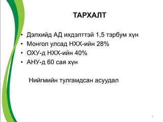ТАРХАЛТ

•   Дэлхийд АД ихдэлттэй 1,5 тэрбум хүн
•   Монгол улсад НХХ-ийн 28%
•   ОХУ-д НХХ-ийн 40%
•   АНУ-д 60 сая хүн

    Нийгмийн тулгамдсан асуудал




                                          5
 