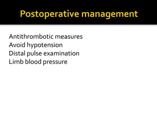 Antithrombotic measures
Avoid hypotension
Distal pulse examination
Limb blood pressure
 