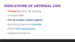 INDICATIONS OF ARTERIAL LINE
•Critically ill patients- BP, Sampling
•Unreliable NIBP
•Post op complex / cardiac surgeries
•Monitoring response to Inotropes
•Predict fluid responsiveness
•Diagnostic procedures
 