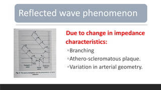 Reflected wave phenomenon
Due to change in impedance
characteristics:
◦Branching
◦Athero-scleromatous plaque.
◦Variation in arterial geometry.
 
