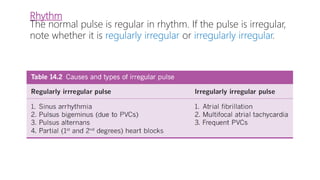 Rhythm
The normal pulse is regular in rhythm. If the pulse is irregular,
note whether it is regularly irregular or irregularly irregular.
 