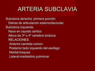 ARTERIA SUBCLAVIA
Subclavia derecha: primera porción
 Detras de articulación esternoclavicular.
Subclavia izquierda.
 Nace en cayado aórtico
 Altura de 3º o 4º vertebra torácica
 RELACIONES.
  Anterior:carotida común
  Posterior:lado izquierdo del esofago
  Medial:traquea
  Lateral:madiastino pulmonar
 