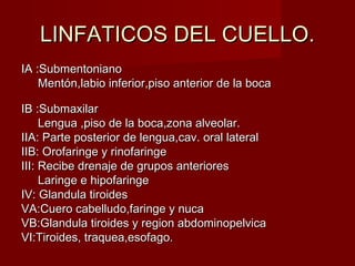 LINFATICOS DEL CUELLO.
IA :Submentoniano
    Mentón,labio inferior,piso anterior de la boca

IB :Submaxilar
     Lengua ,piso de la boca,zona alveolar.
IIA: Parte posterior de lengua,cav. oral lateral
IIB: Orofaringe y rinofaringe
III: Recibe drenaje de grupos anteriores
     Laringe e hipofaringe
IV: Glandula tiroides
VA:Cuero cabelludo,faringe y nuca
VB:Glandula tiroides y region abdominopelvica
VI:Tiroides, traquea,esofago.
 