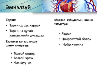 Эмнэлзүй
Тархи:
• Тархинд цус харвах
• Тархины цусан
хангамжийн дутагдал
Мэдрэл сульдалын шинж
тэмдгүүд:
• Ядрах
• Цочромтгой болох
• Нойр хулжих
Тархины талаас илрэх
шинж тэмдгүүд:
• Толгой өвдөх
• Толгой эргэх
• Чих шуугих
 