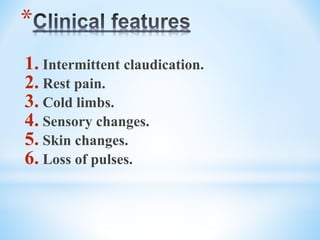 *
1. Intermittent claudication.
2. Rest pain.
3. Cold limbs.
4. Sensory changes.
5. Skin changes.
6. Loss of pulses.
 