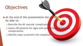 Objectives
At the end of this presentation the participants will
be able to:
1.Describe the AV vascular complications
2.Assess HD patients for signs and symptoms of AV vascular
complications
3.Identify ways to prevent the complications
