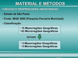 MATERIAL E MÉTODOS REGIÃO E PROPRIEDADES AMOSTRADAS : - Estado de São Paulo - Fonte: IBGE 2005 (Pesquisa Pecuária Municipal) - Classificação: 15 Mesorregiões Geográficas 63 Microrregiões Geográficas 2 Mesorregiões Geográficas 5 Microrregiões Geográficas ESTUDO 