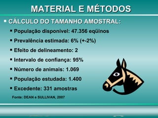 População disponível: 47.356 eqüinos Prevalência estimada: 6% (+-2%) Efeito de delineamento: 2  Intervalo de confiança: 95% Número de animais: 1.069  População estudada: 1.400  Excedente: 331 amostras  CÁLCULO DO TAMANHO AMOSTRAL: MATERIAL E MÉTODOS Fonte: DEAN e SULLIVAN, 2007 