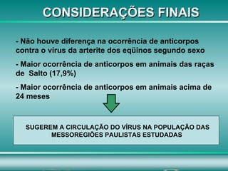 - Não houve diferença na ocorrência de anticorpos contra o vírus da arterite dos eqüinos segundo sexo  - Maior ocorrência de anticorpos em animais das raças de  Salto (17,9%) - Maior ocorrência de anticorpos em animais acima de 24 meses  CONSIDERAÇÕES FINAIS SUGEREM A CIRCULAÇÃO DO VÍRUS NA POPULAÇÃO DAS MESSOREGIÕES PAULISTAS ESTUDADAS  