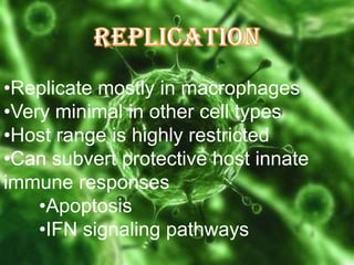 •Replicate mostly in macrophages
•Very minimal in other cell types
•Host range is highly restricted
•Can subvert protective host innate
immune responses
•Apoptosis
•IFN signaling pathways

 