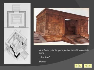 Ara Pacis: planta, perspectiva isométrica e vista xeral. 13 – 9 a.C. Roma. 