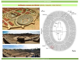 Historia del Arte (2º Bachillerato: ARTE ROMANO
Http://javier2pm-arte.blogspot.com.es
Anfiteatro romano de Mérida (planta, maqueta, vista interior).
 