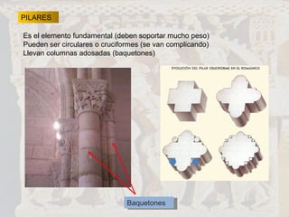 PILARES Es el elemento fundamental (deben soportar mucho peso) Pueden ser circulares o cruciformes (se van complicando) Llevan columnas adosadas (baquetones) Baquetones 