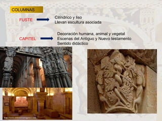 COLUMNAS FUSTE  Cilíndrico y liso Llevan escultura asociada CAPITEL  Decoración humana, animal y vegetal Escenas del Antiguo y Nuevo testamento Sentido didáctico 