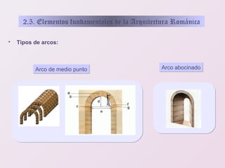 2.5. Elementos fundamentales de la Arquitectura Románica


Tipos de arcos:

Arco de medio punto

Arco abocinado

 
